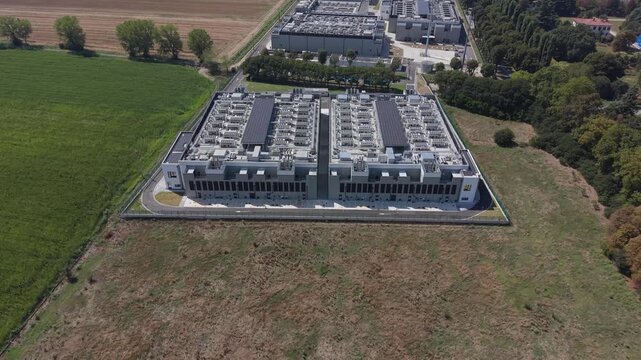Aerial view of Cornaredo data center in Italy, a major hyperscale facility supporting AI, cloud computing and digital infrastructure near Milan.