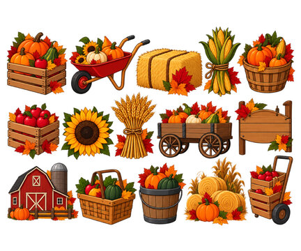 Thanksgiving harvest vector set featuring pumpkins, apples, corn, wheat, hay bales, baskets and autumn produce