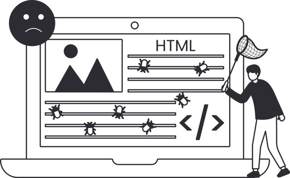 Bug fixing software testing concept of a developer catching bugs on a laptop screen. Quality assurance debugging process for website error and system failure with HTML code.