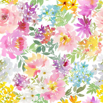 Watercolor Colorful Floral Seamless Pattern with Abstract Hand-Painted Pink Roses and Wildflowers on a Transparent Background for Fabric, Wedding Invitations, Stationery and Surface Design