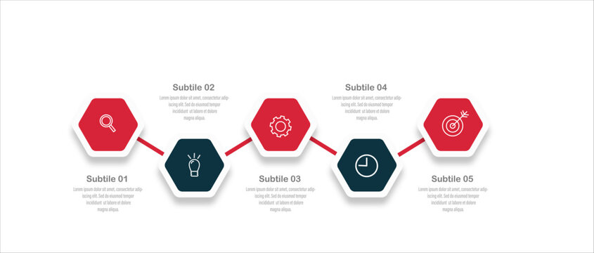 Business 5 steps horizontal zigzag timeline infographic with hexagonal nodes vector design