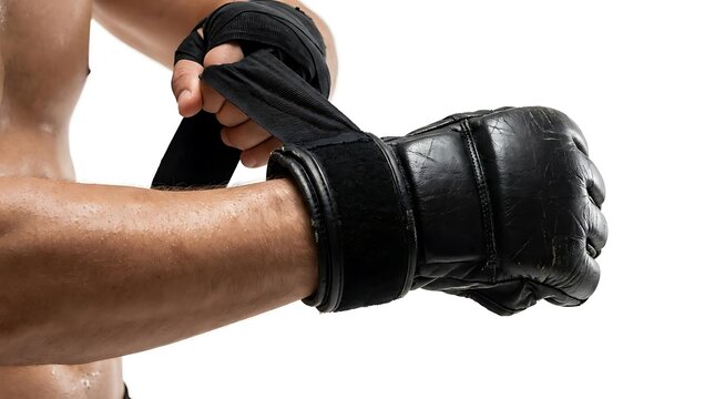 Boxer wrapping hands with black bandage before fight.