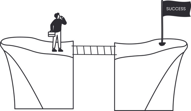 Businessman crossing chasm on ladder bridge to success flag achieving business goal overcoming obstacle career path risk management strategic planning reaching target bridging gap ambitious journey