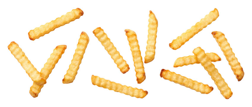 Falling crinkle cut fries isolated on transparent background