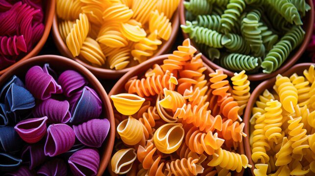 Bowls filled with a variety of pasta shapes in bright colors are displayed at a market. The vibrant hues create an eye-catching centerpiece, perfect for food enthusiasts.