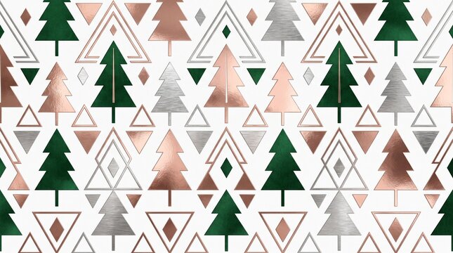 Modern geometric Christmas tree seamless pattern with rose gold, silver, and green foil elements