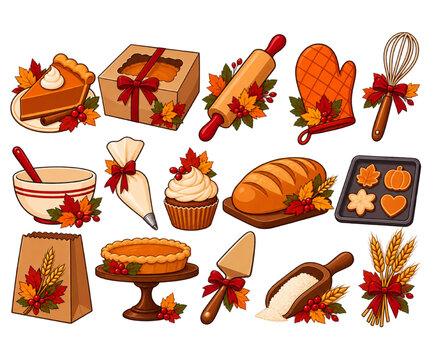 Thanksgiving baking supplies vector set featuring pie, rolling pin, oven mitt, whisk, bread and pastries