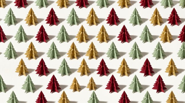Seamless pattern of colorful origami Christmas trees in red, green, and gold on white background