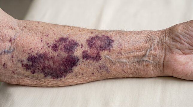 Close-Up of Elderly Forearm showing Severe Senile Purpura and Skin Ecchymosis