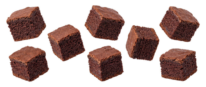 Chocolate brownie cubes isolated on transparent background