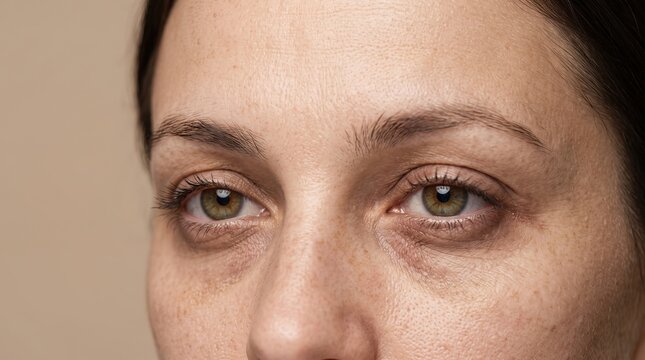 Macro Shot of Woman Eyes showing Dark Circles, Undereye Puffiness, and Freckles