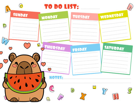 To do list for writing plans for the week with cute cartoon capybara eat watermelon