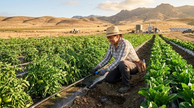 Water Security and Conservation in Times of Scarcity A farmer tending to crops in a picturesque field with mountains in the background.