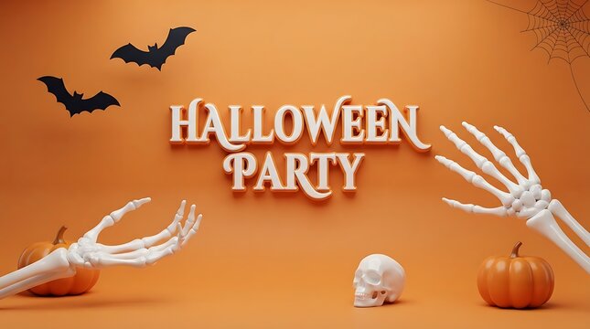 Festive halloween party decoration with bats skeletons and glowing neon sign