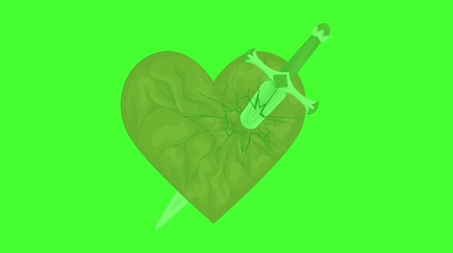 Broken Heart Pierced by Sword Animation Green Screen Chroma Key Motion Graphic Video Loop Overlay