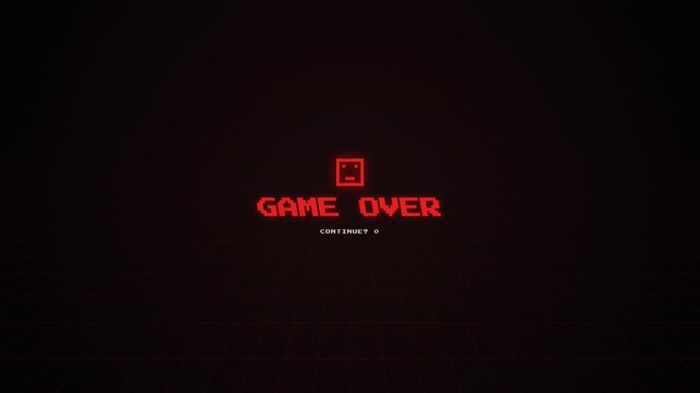 Retro digital game over screen with pixelated text and icon