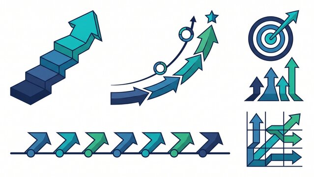 Collection of Blue Gradient Arrow Diagrams for Business Growth Analysis and Strategic Planning Process