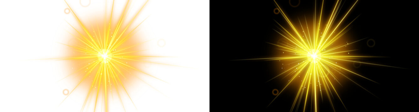 A bright golden sunburst light effect with radiating beams and small sparkling particles, shown on both white and black backgrounds for visual impact isolated on a transparent background