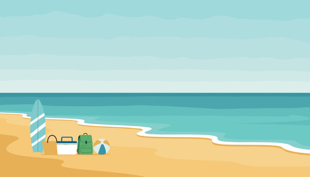 Relaxing ocean beach scene features a surfboard, beach ball, bags, and cooler box sitting on the golden sand.