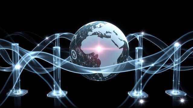 Global network concept. Illuminated Earth surrounded by flowing lines, connected via vertical pillars. Futuristic digital illustration.
