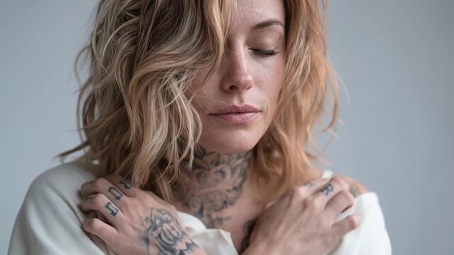 Young woman Crossing arms over the chest and gently tapping alternating shoulders, mental health gesture.