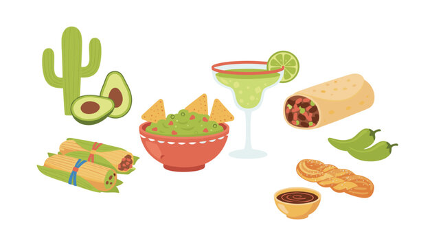 Delicious selection of traditional Mexican dishes including guacamole, tamales, burrito, and a margarita.
