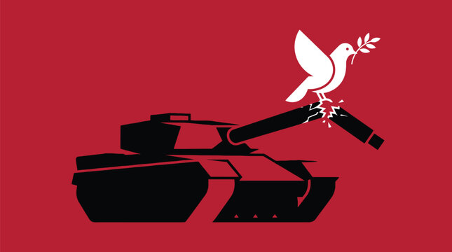 Minimalist vector illustration of broken military tank cannon barrel with white peace dove holding olive branch