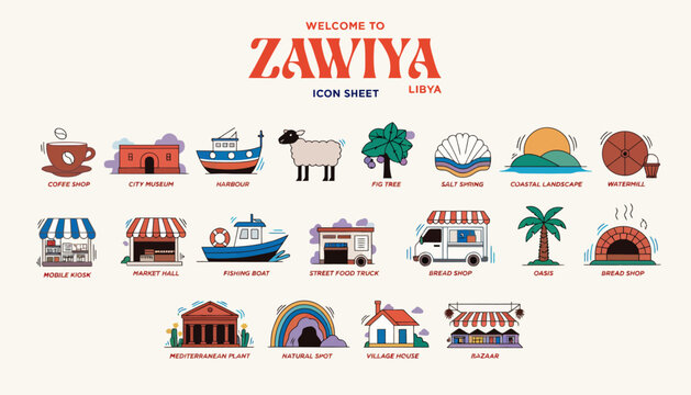 Zawiya Libya Icon Sheet: Illustrated City Landmarks and Symbols
