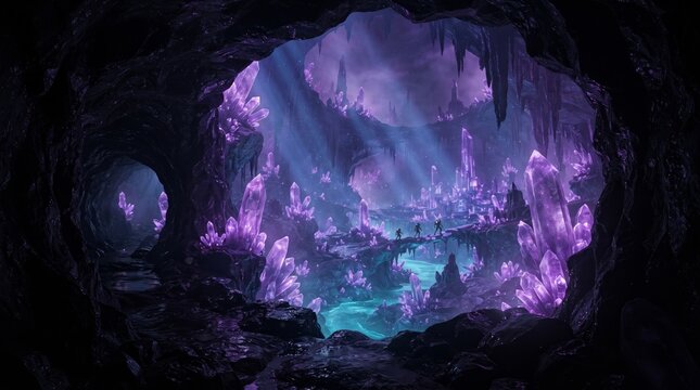 Mystical dark underground cave cavern illuminated by glowing purple vertical beam light rays