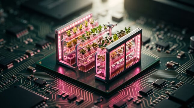 Miniature futuristic vertical agricultural greenhouse farm with glowing pink LED lights on computer chip