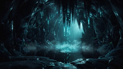 Obraz premium Dark mystical ice cave cavern filled with glowing blue light and hanging frozen stalactites