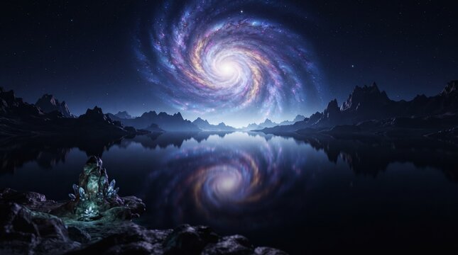 Majestic spiral galaxy shining in dark starry night sky reflecting over calm mountain lake water