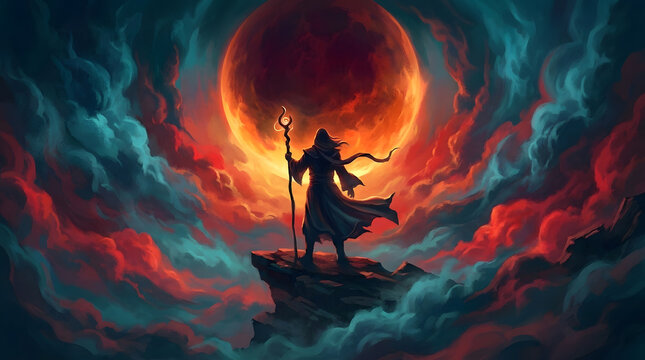 A mysterious wizard in flowing robes holds a magical staff while standing on a rocky precipice, gazing at a giant glowing red moon surrounded by swirling teal and orange clouds.