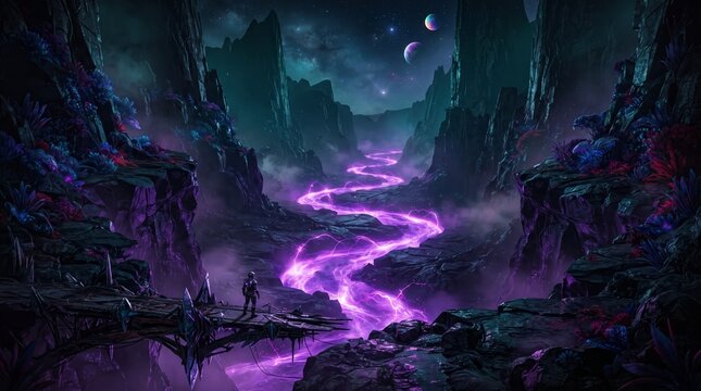 Glowing purple neon river winding through dark rocky alien canyon landscape at night