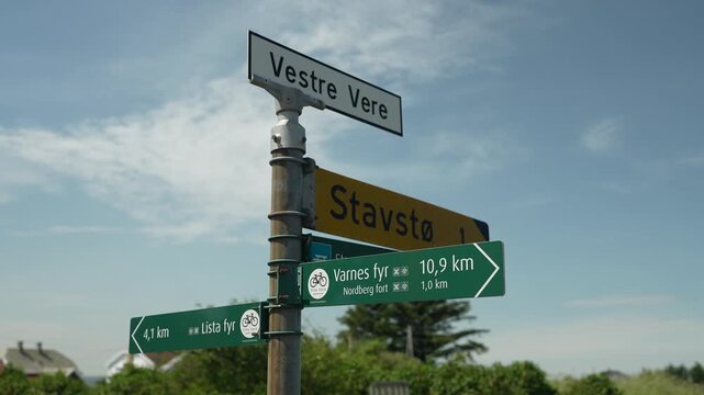 Street sign intersection at Nordberg Farsund Norway in slow motion