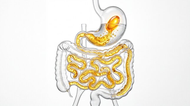Transparent glass human digestive system showing golden oil capsule dissolving and releasing liquid nutrient into stomach and intestine for healthcare supplement nutrition medical advertising design