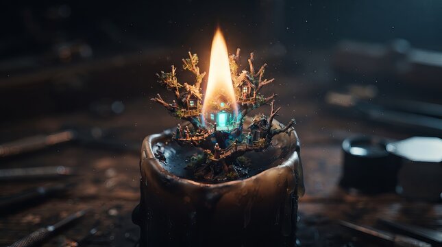 Small warm glowing candle flame burning inside ornate dark metallic decorative holder close-up