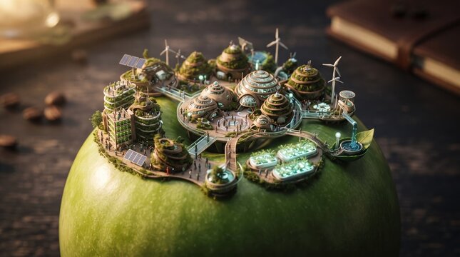 Isometric view of futuristic eco-friendly green energy base or colony on grassy terrain