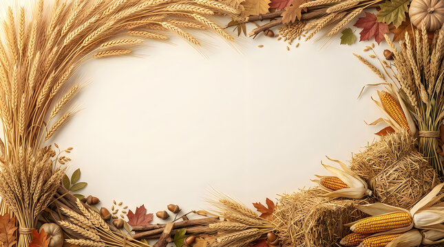 Rustic Thanksgiving Harvest Border with dried wheat stalks, fall leaves and seasonal harvest decorations.