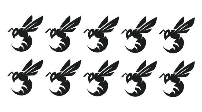 Minimalist vector illustration featuring ten identical sharp black hornet icons arranged in two neat horizontal rows