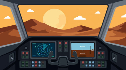 Obraz premium Futuristic Cockpit View of a Desert Landscape with Large Sun and Clouds