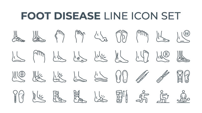 Foot disease line icon set vector graphic showing various medical conditions and orthopedic care treatment methods