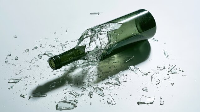 Broken green glass bottle shattered on a white surface with sharp glass fragments scattered around isolated close-up shot