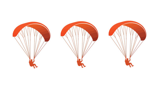 Orange paragliding vector illustration featuring three stylized people soaring through the sky on colorful sport parachutes