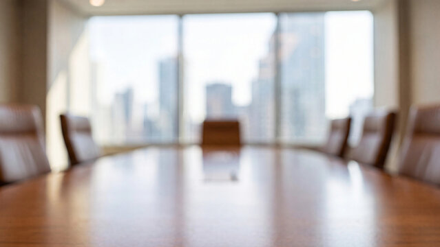 Defocused blur background of empty modern boardroom interior with conference table and cityscape window view for corporate business presentation banner website mockup and template design layout