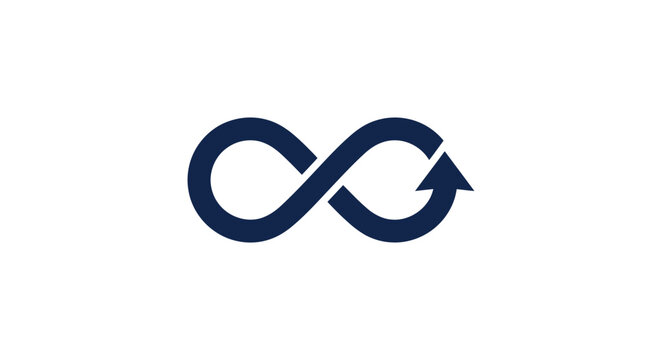 Infinity loop arrow symbol represented as a dark blue flat vector graphic icon