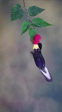 Iridescent hummingbird hovering to drink nectar from a red flower