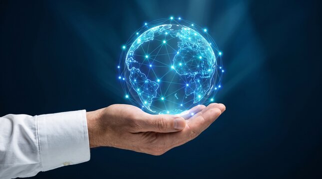 Male hand holding glowing cyan holographic earth globe with interconnected light lines and data nodes on dark blue background for global network technology and digital communication concept