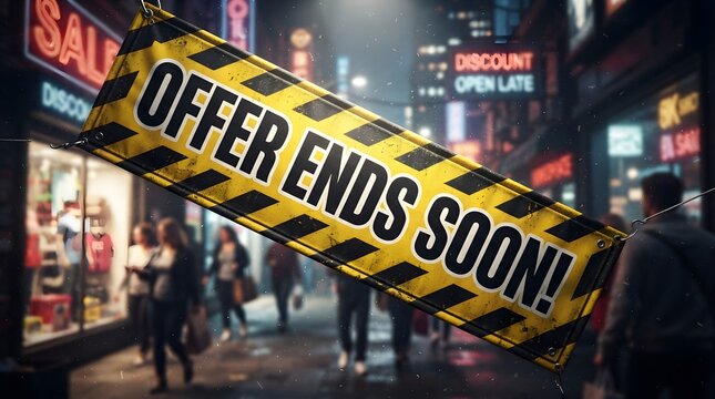 Bright yellow caution banner with bold black text reading offer ends soon suspended over busy urban street at night with blurry pedestrians and glowing neon signs