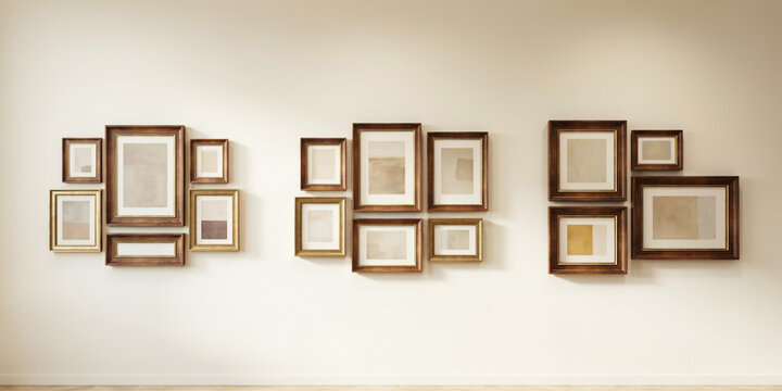 Three gallery wall arrangements featuring wooden frames on a plain off white wall